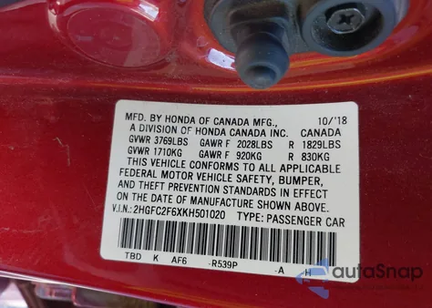 2019 Honda Civic Lx из США, поврежденный, VIN 2HGFC2F6XKH501020